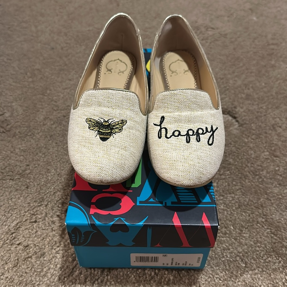 C. Wonder Gold Metallic and Linen “Bee Happy” Loafers